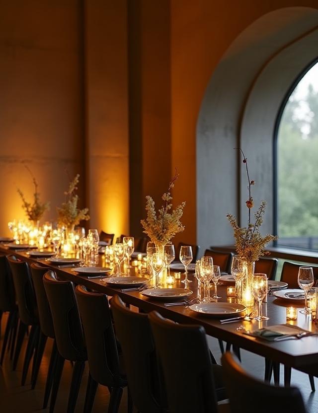 Luxury event space setup at Archos Cosmos Hotel with golden lighting