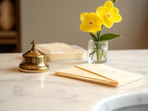 Close up of a luxury concierge desk with marble and gold accents