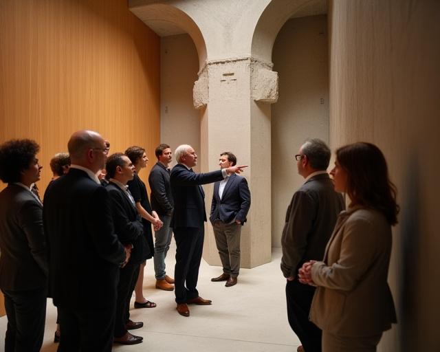 Guests on an architectural tour inside the hotel gallery